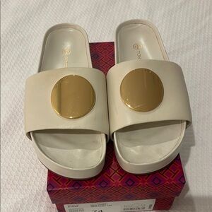 Tory Burch Cream Sandals with Gold Circular Detail